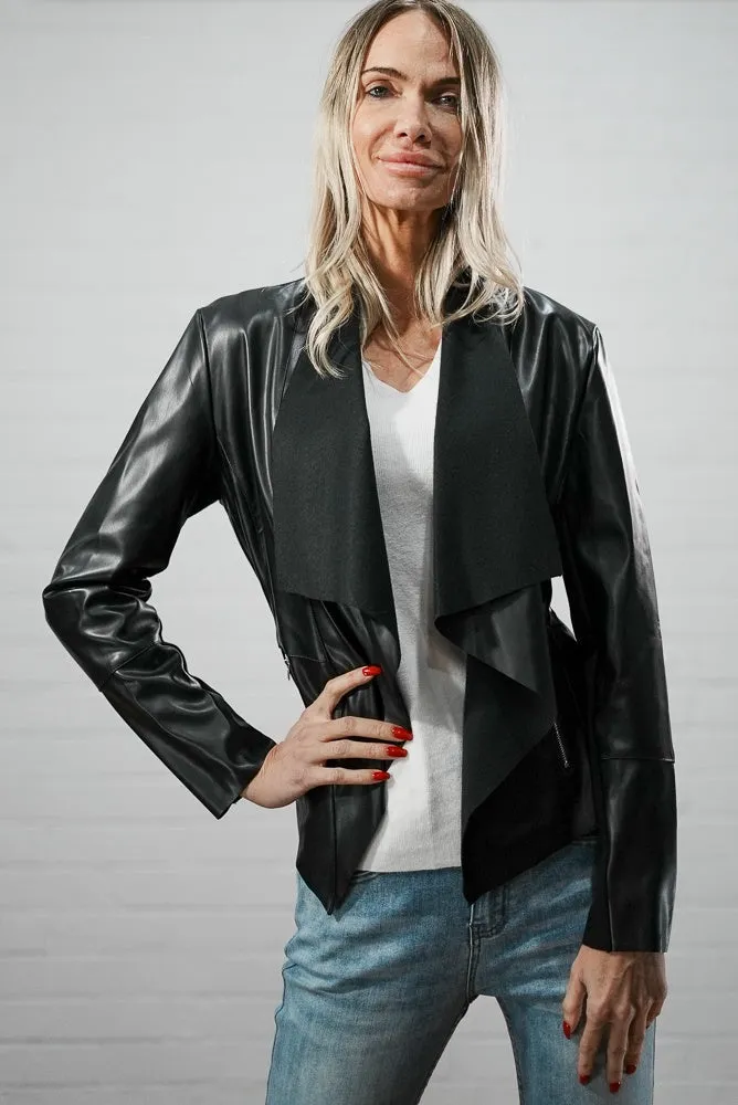 Faux leather and suede short cardigan | WATERFALL LEATHER SHORT CARDI