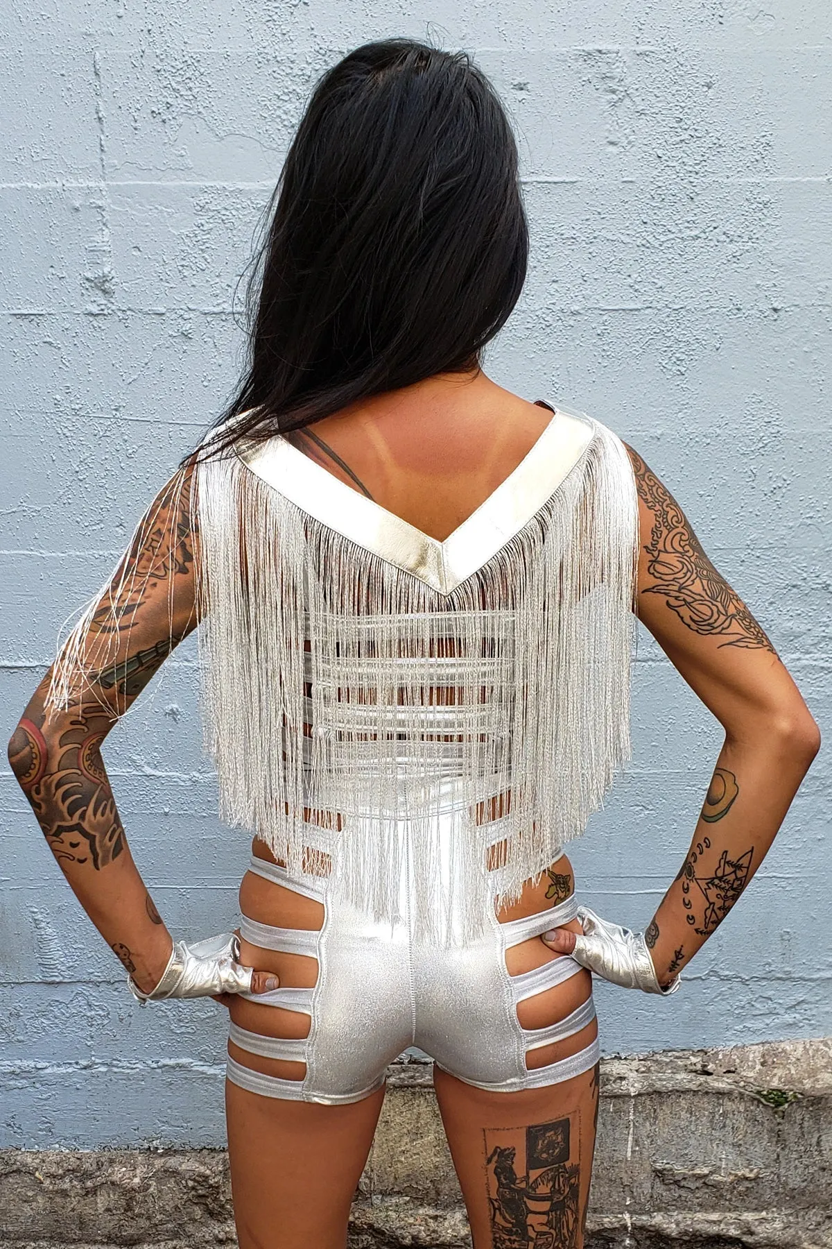 Five and Diamond Fringe V Neck - Silver Leather