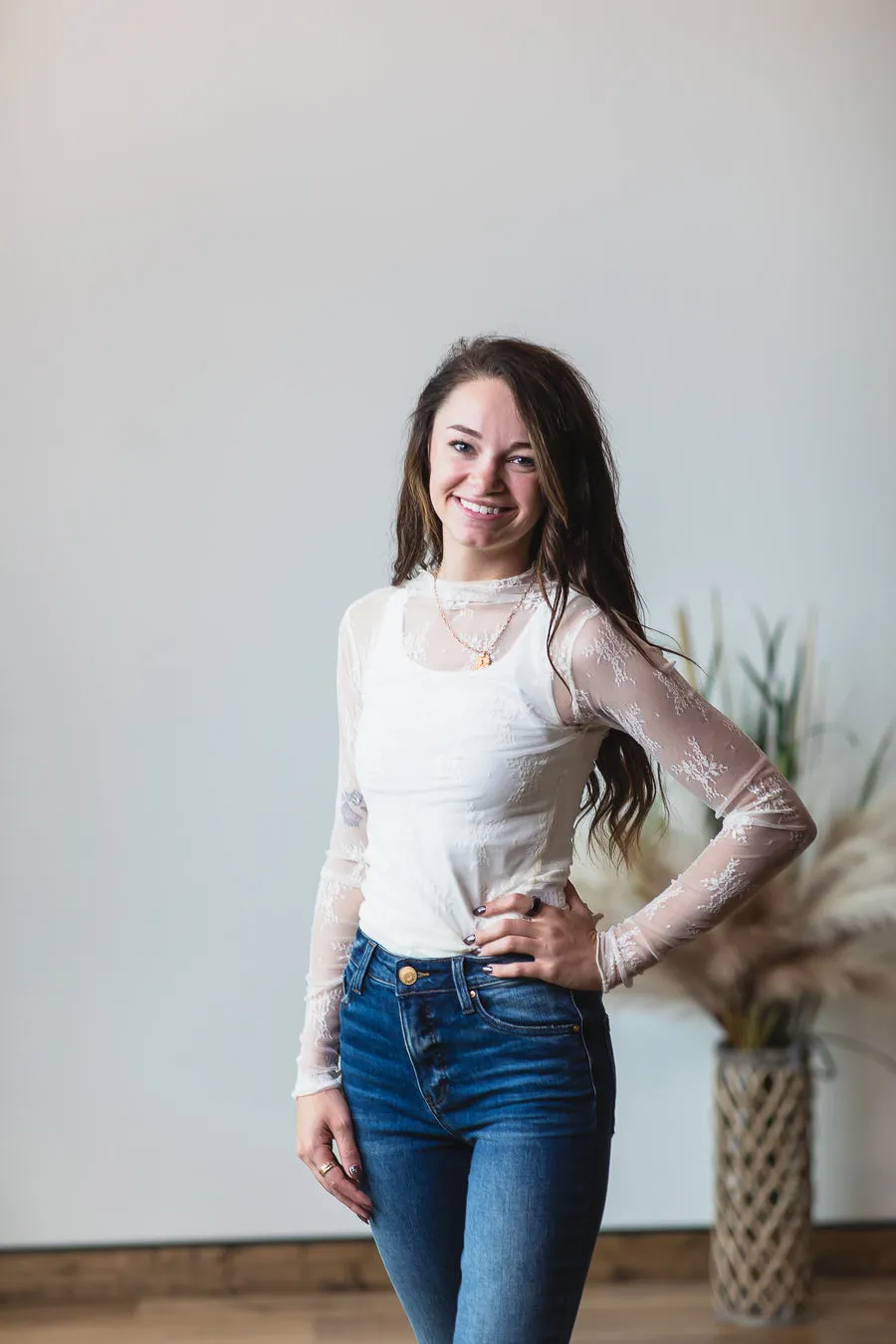 Floral Embroidered Lace Mesh Layering Top