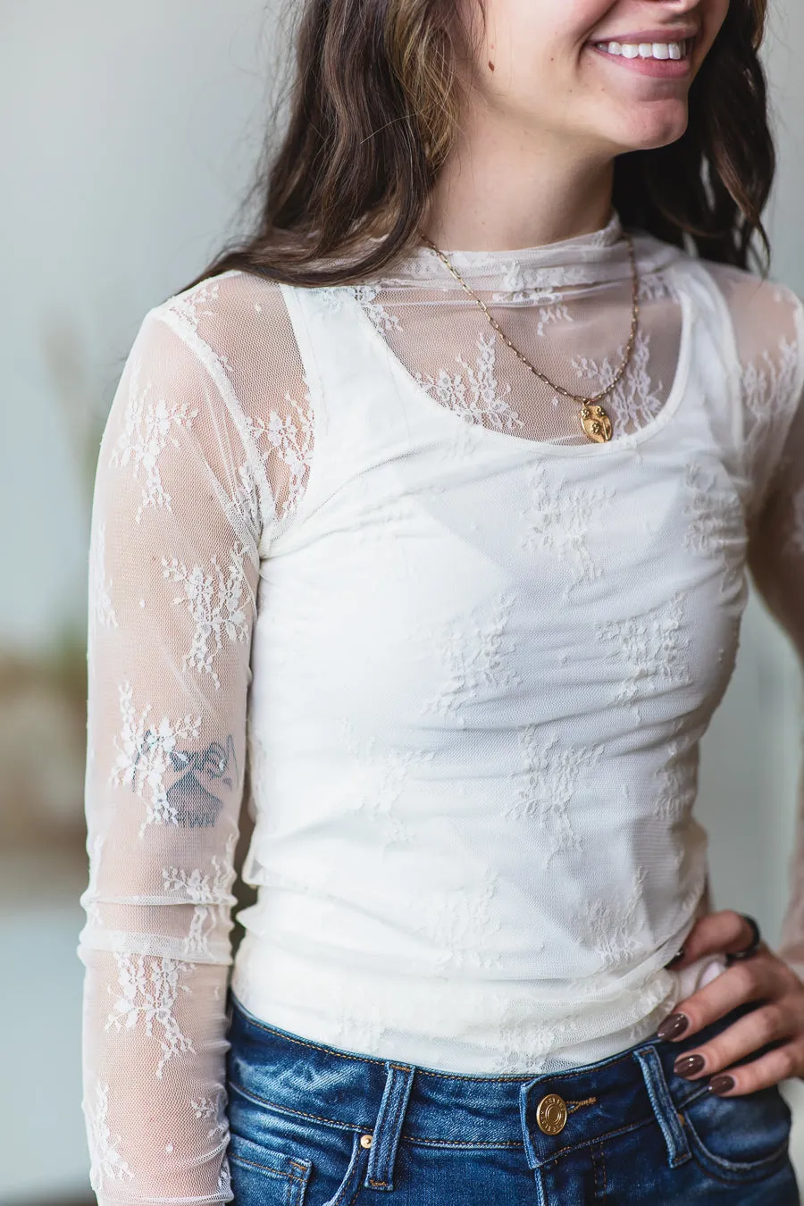 Floral Embroidered Lace Mesh Layering Top