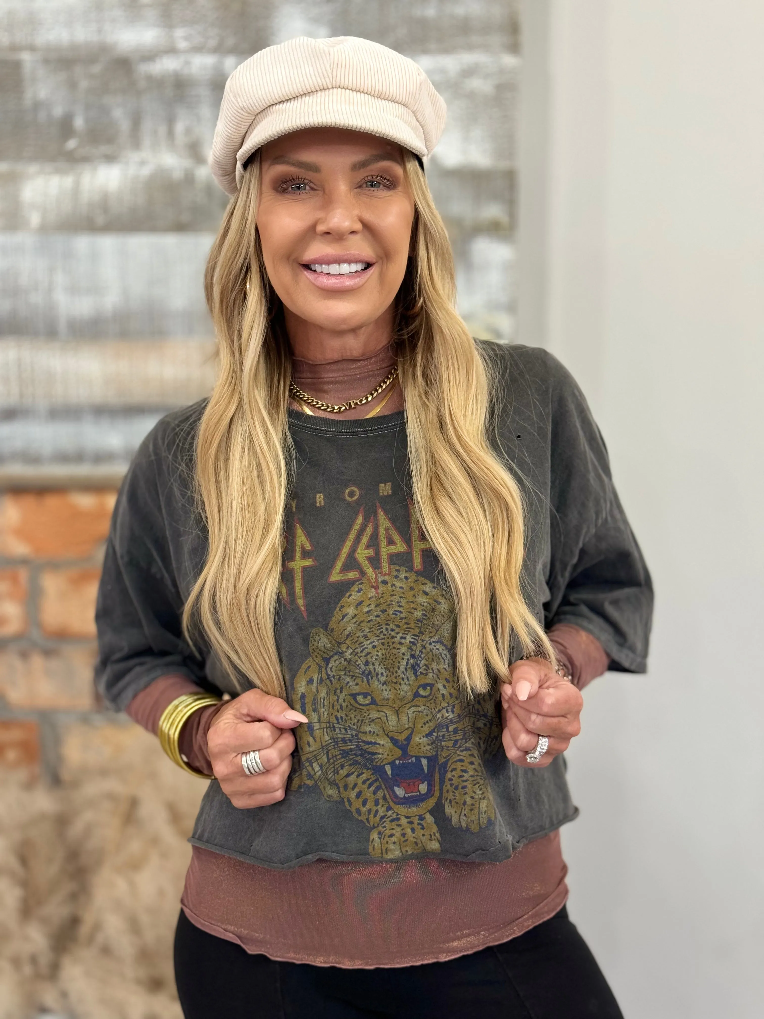 Foil Mesh Mock Neck Layering Top