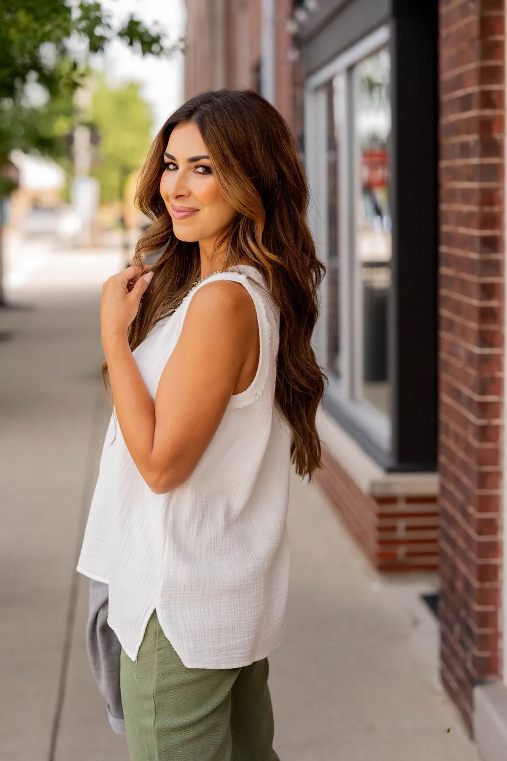 Gauze Raw Stitched V Tank