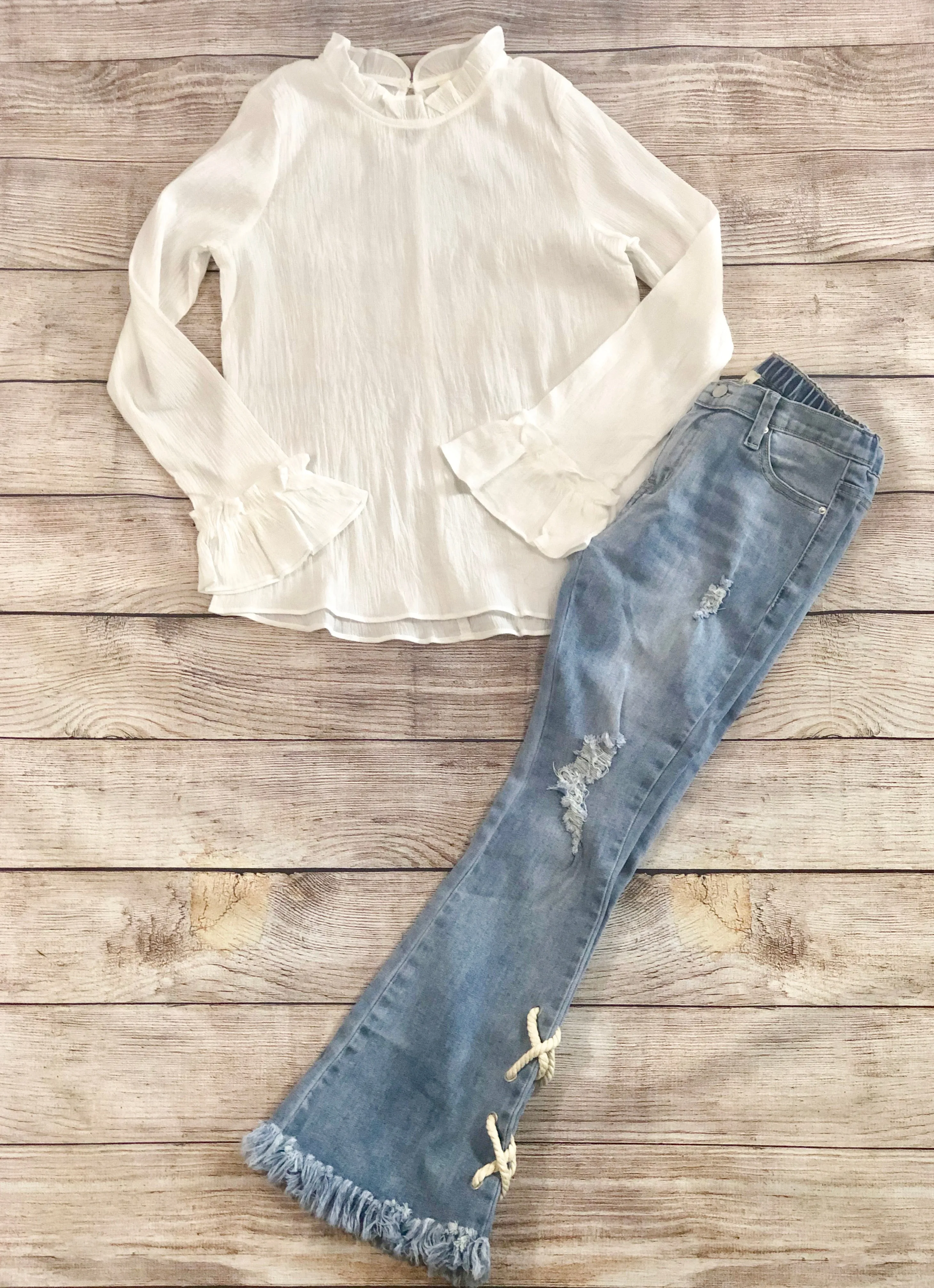 Girls White Rufffle Long Sleeve Top