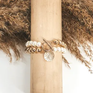 Gold and white Beaded Bracelet with Toggle Clasp