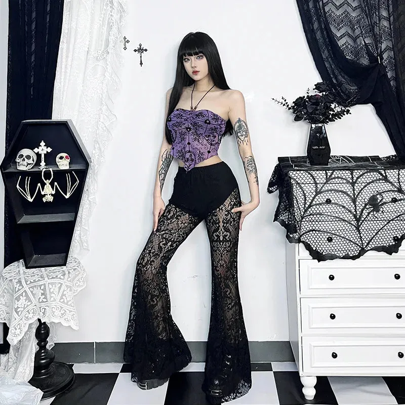 Gothic See Through Mesh High Waist Lace Flare Pants