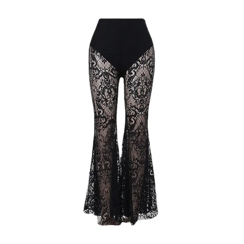 Gothic See Through Mesh High Waist Lace Flare Pants