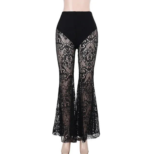 Gothic See Through Mesh High Waist Lace Flare Pants