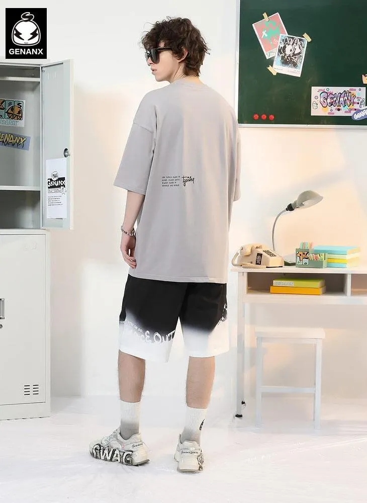 Gradient Color Block Letter Graffiti Print Loose Shorts