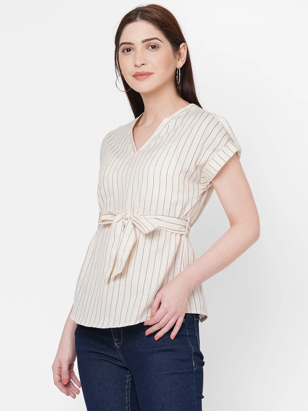 Grey Stripes Top With Tie Up Belt
