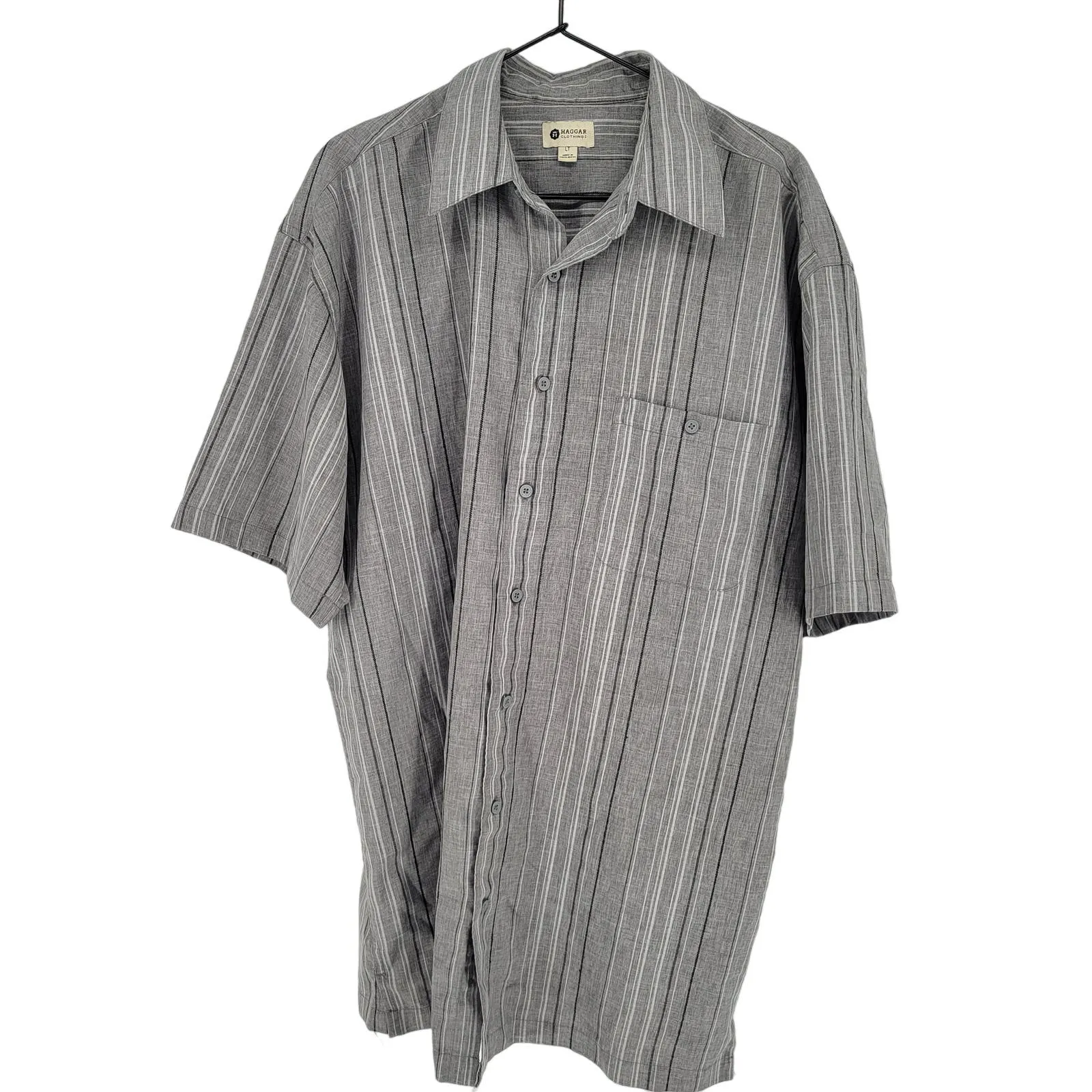 Haggar Mens Sz LT Short Sleeve Button Up Dress Shirt Gray Striped