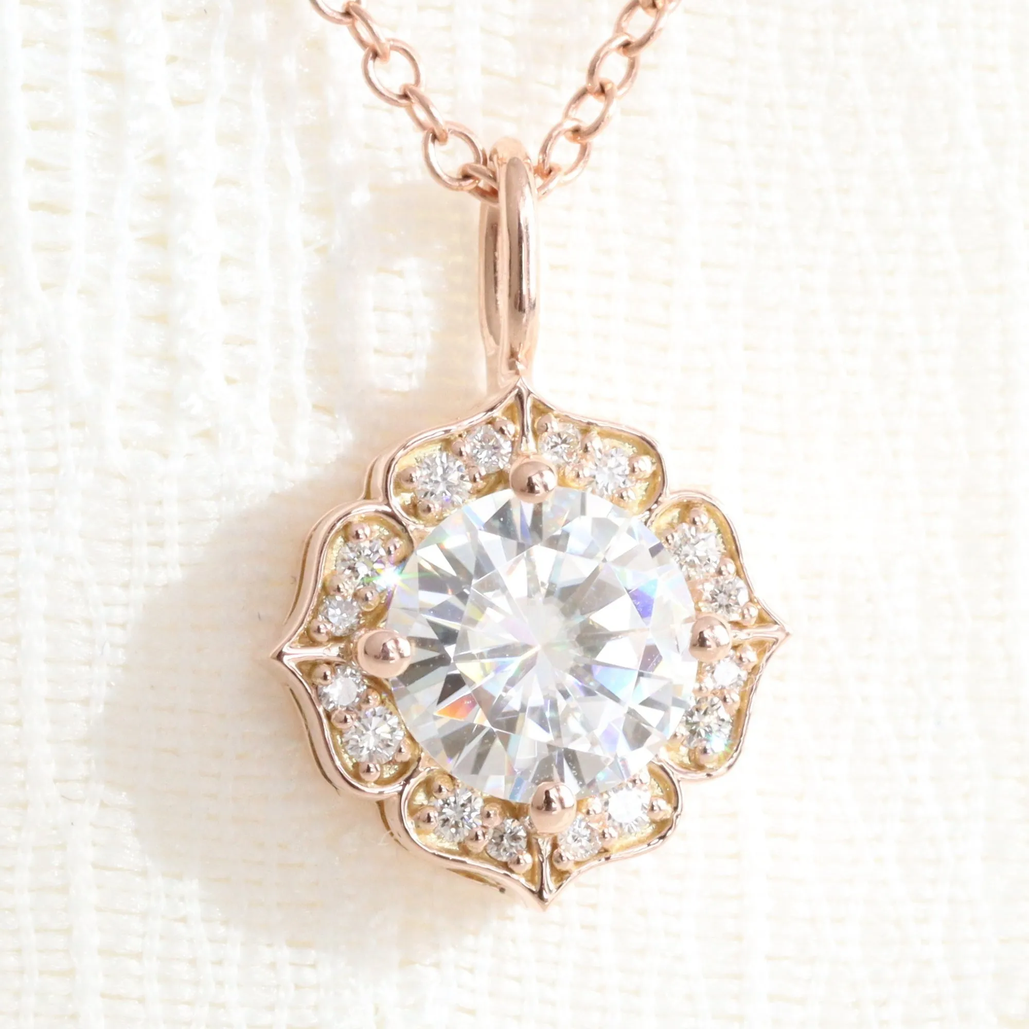 Halo Diamond Moissanite Necklace in 14k Gold Vintage Floral Pendant