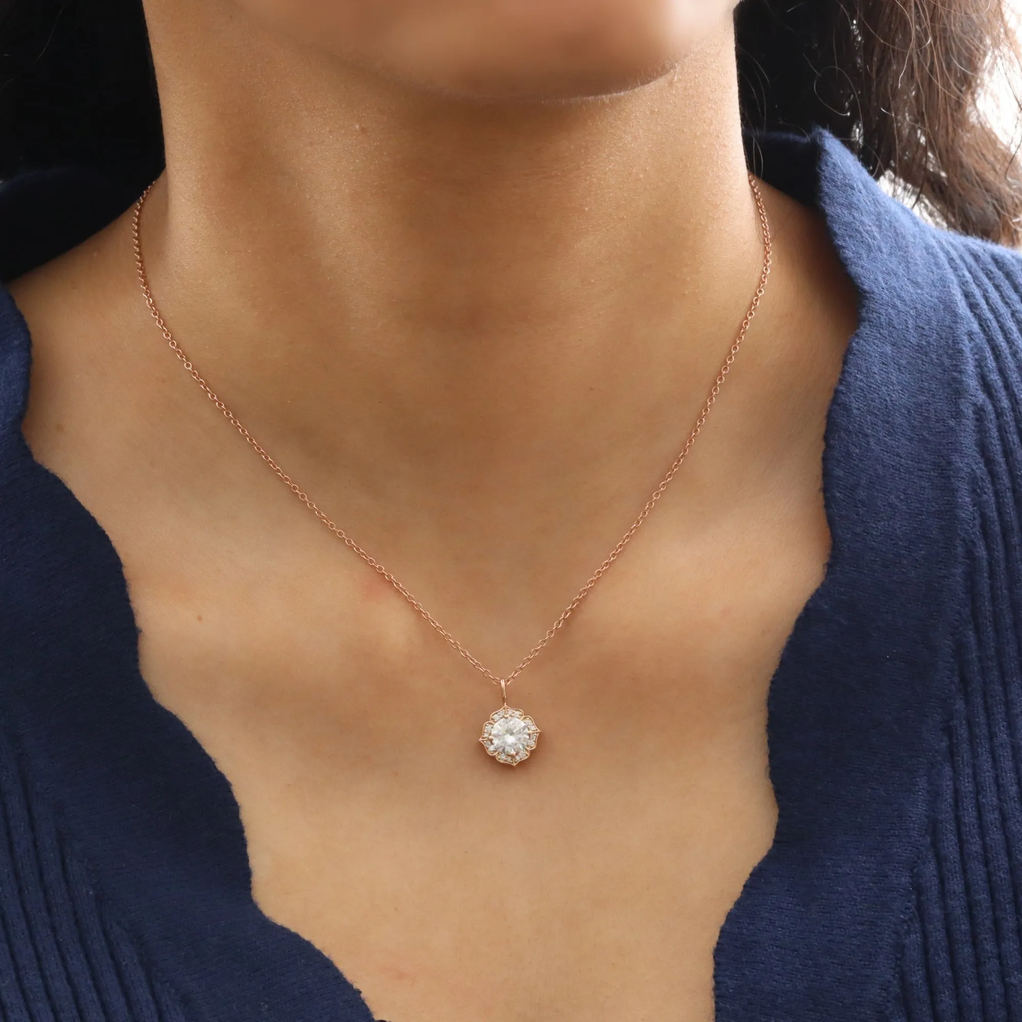 Halo Diamond Moissanite Necklace in 14k Gold Vintage Floral Pendant
