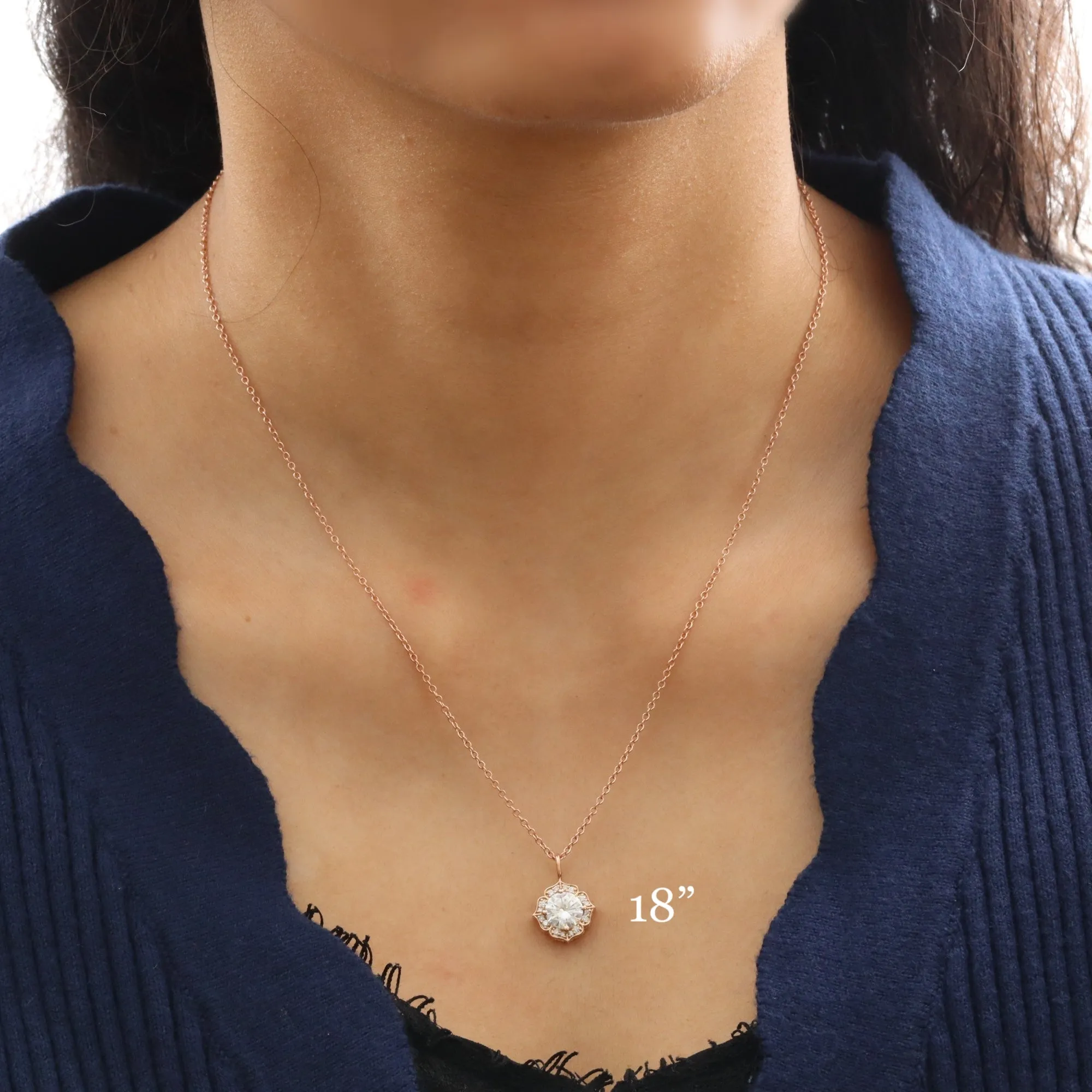 Halo Diamond Moissanite Necklace in 14k Gold Vintage Floral Pendant