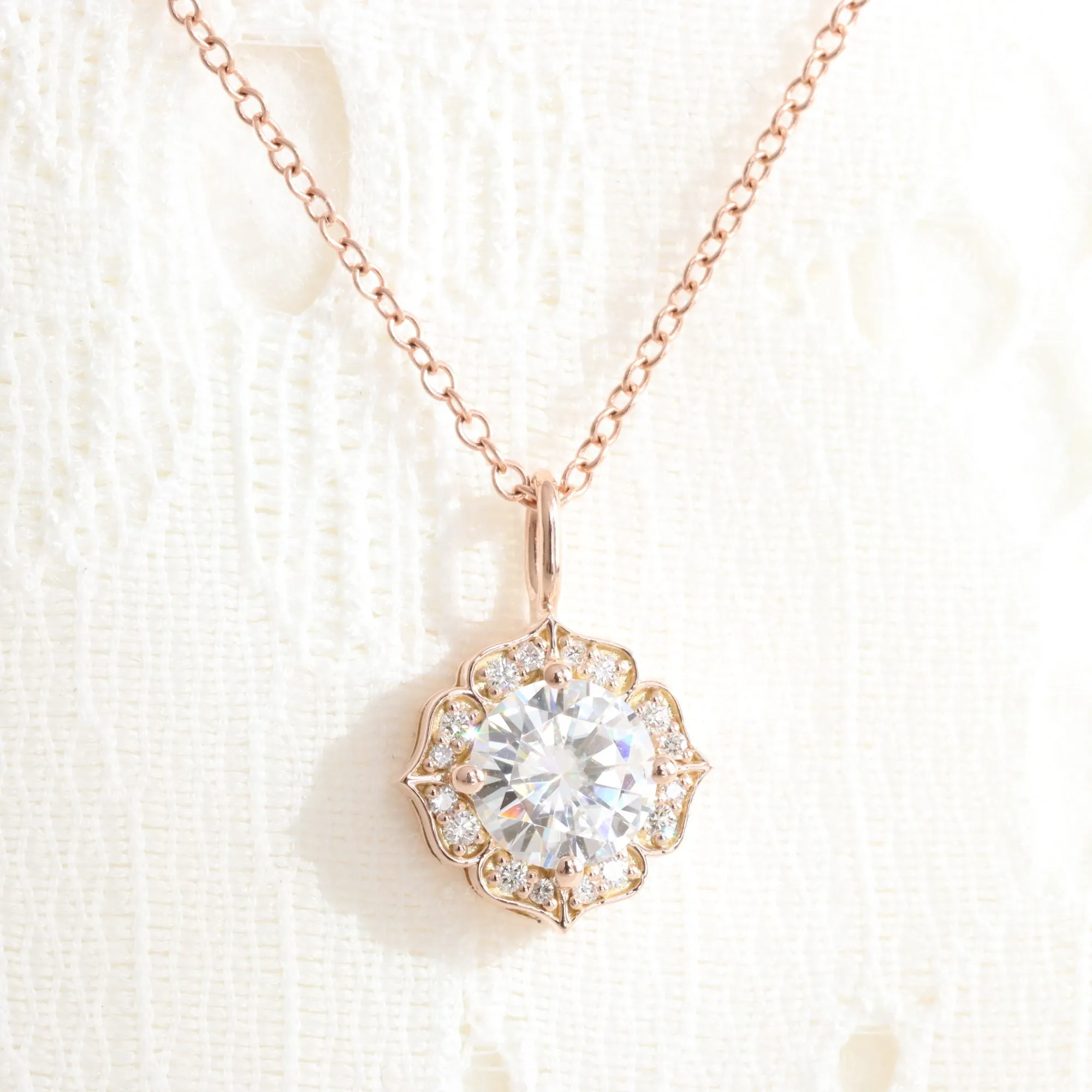Halo Diamond Moissanite Necklace in 14k Gold Vintage Floral Pendant