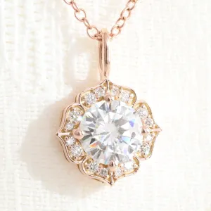 Halo Diamond Moissanite Necklace in 14k Gold Vintage Floral Pendant