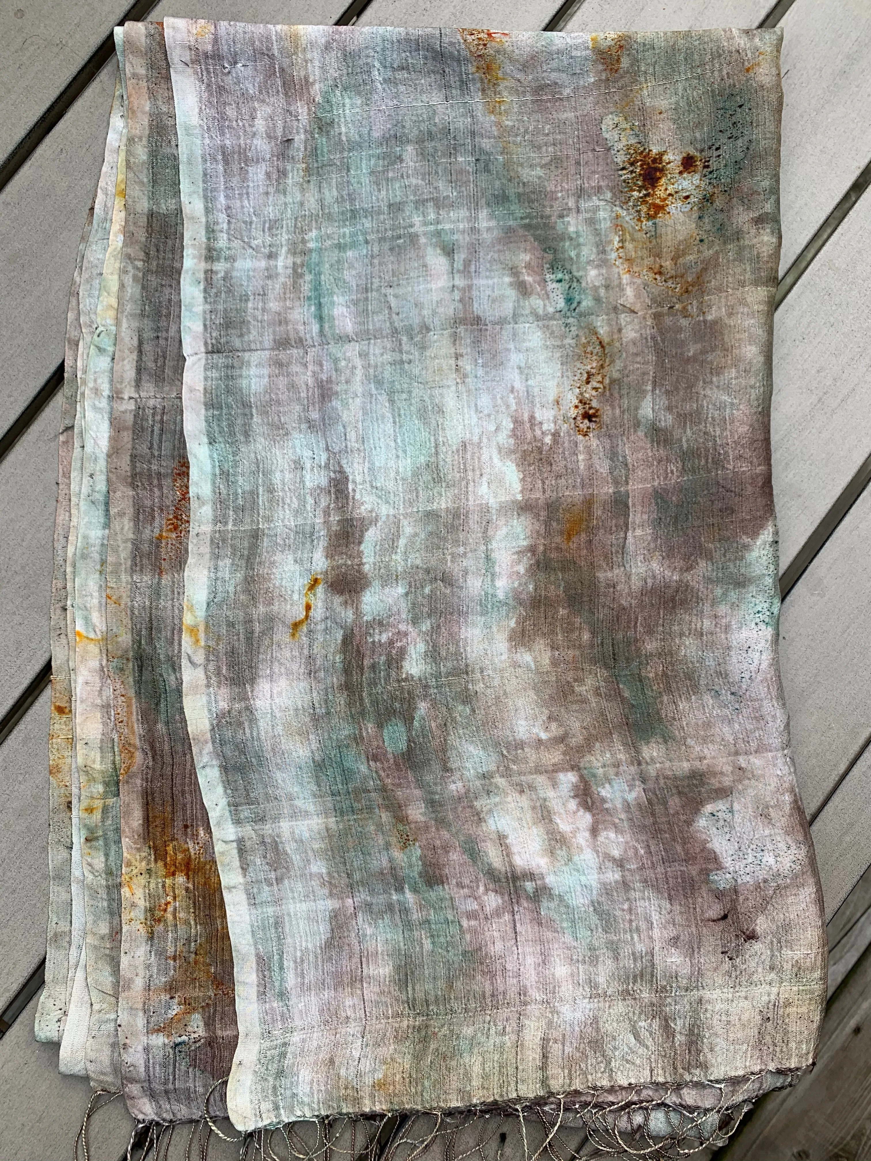 Hand Dyed Silk Scarf "Here There Be Dragons" Brown Green Grey Beige Khaki Gold Spruce Rust Copper Caramel Mulberry Silk Scarf 23” x 73” 59cm x 187cm