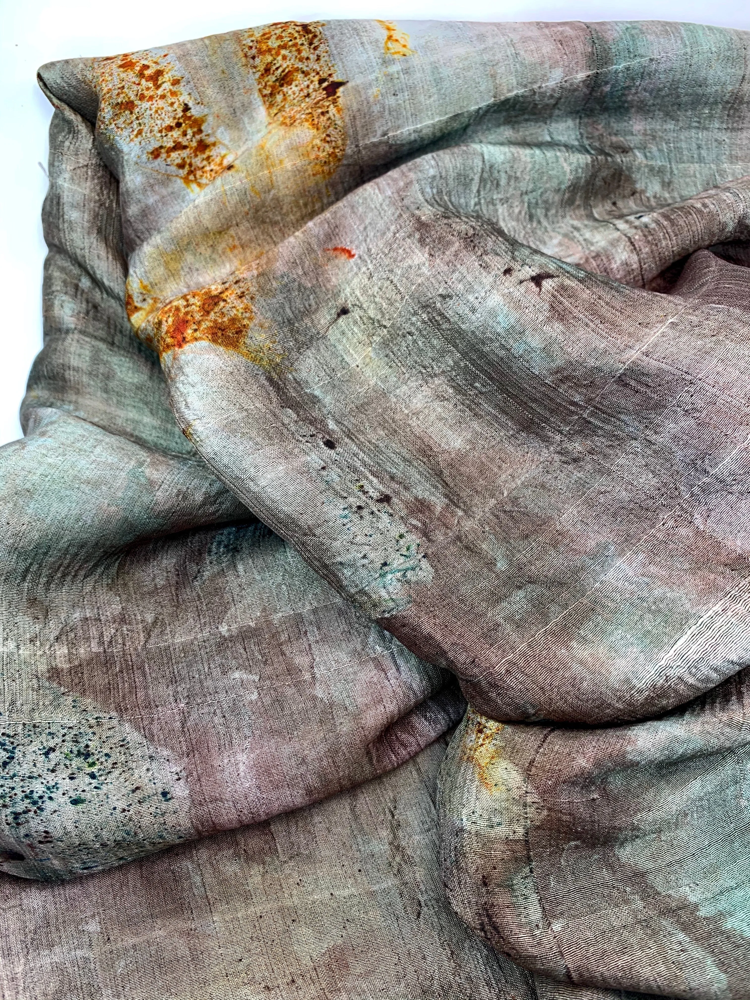 Hand Dyed Silk Scarf "Here There Be Dragons" Brown Green Grey Beige Khaki Gold Spruce Rust Copper Caramel Mulberry Silk Scarf 23” x 73” 59cm x 187cm