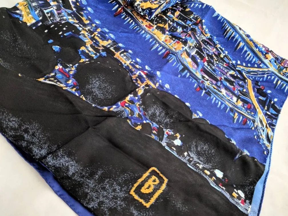 Hand-Painted Italian Silk Scarf – “Starry Paris Night,” Made in Firenze, Italy, Collectible Art Scarf, Headscarf/Wrap, Unique Gift