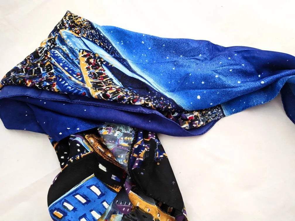 Hand-Painted Italian Silk Scarf – “Starry Paris Night,” Made in Firenze, Italy, Collectible Art Scarf, Headscarf/Wrap, Unique Gift