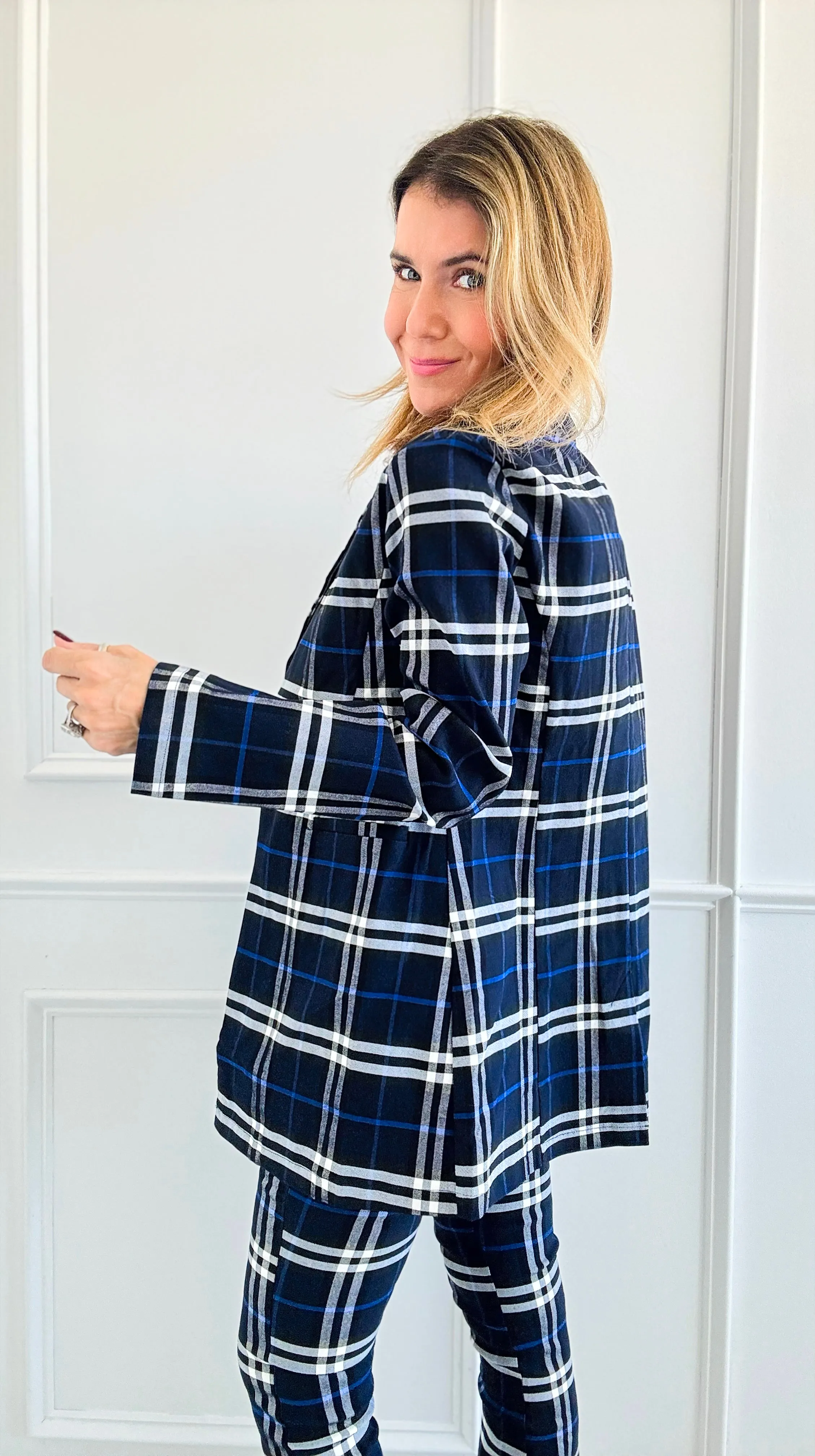 Heritage Plaid Long Blazer - Navy