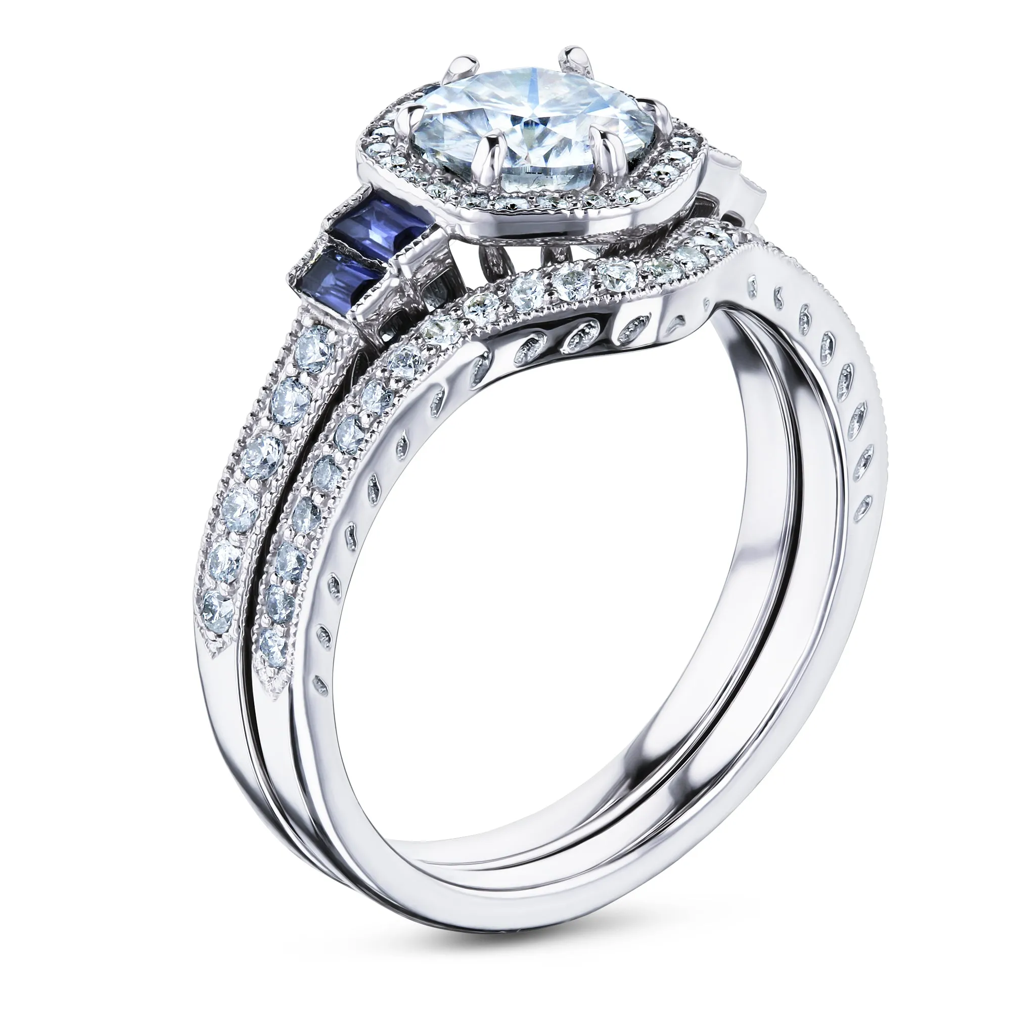 Hexagon Halo Blue and White Bridal Set 14k Gold (1 3/4 CTW)