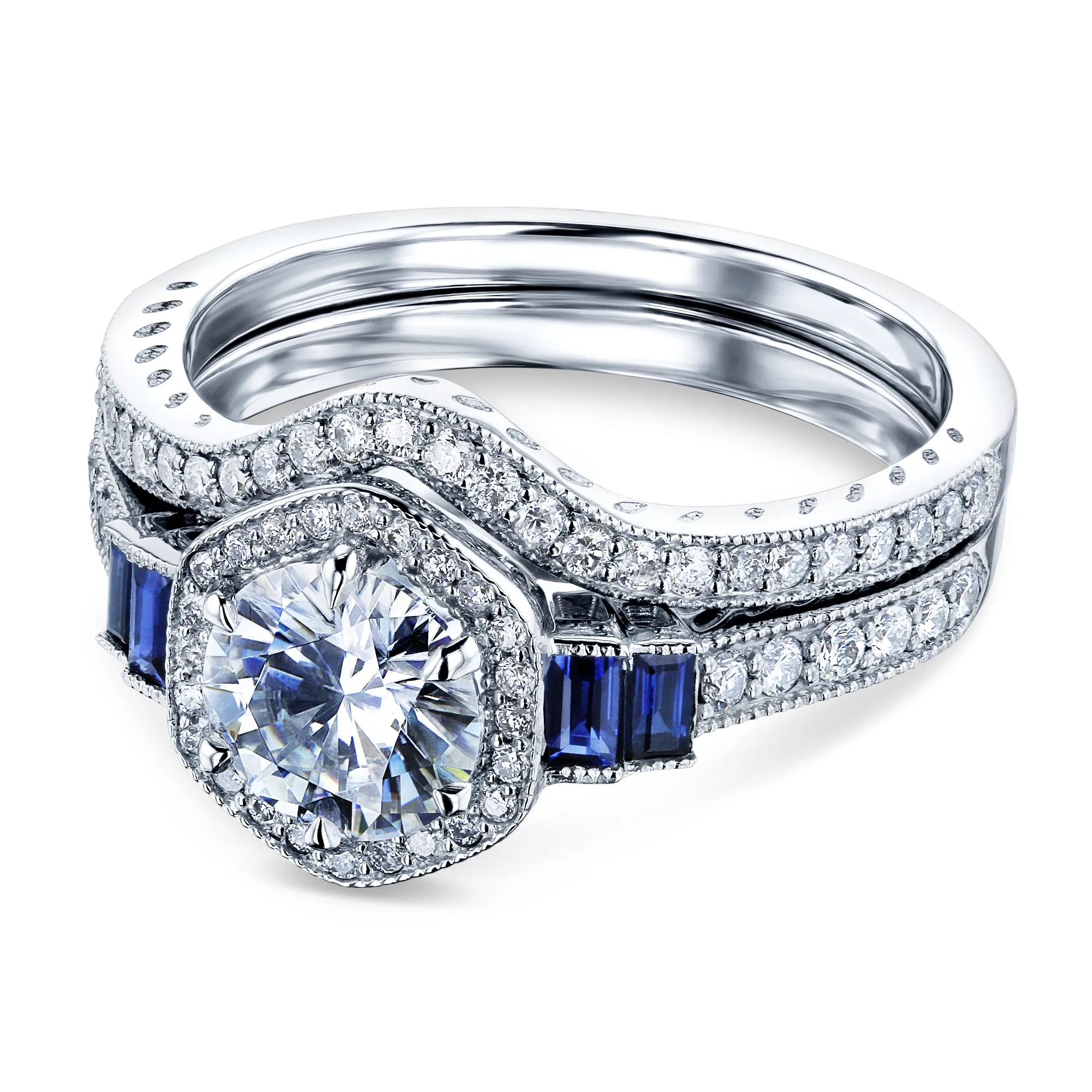 Hexagon Halo Blue and White Bridal Set 14k Gold (1 3/4 CTW)