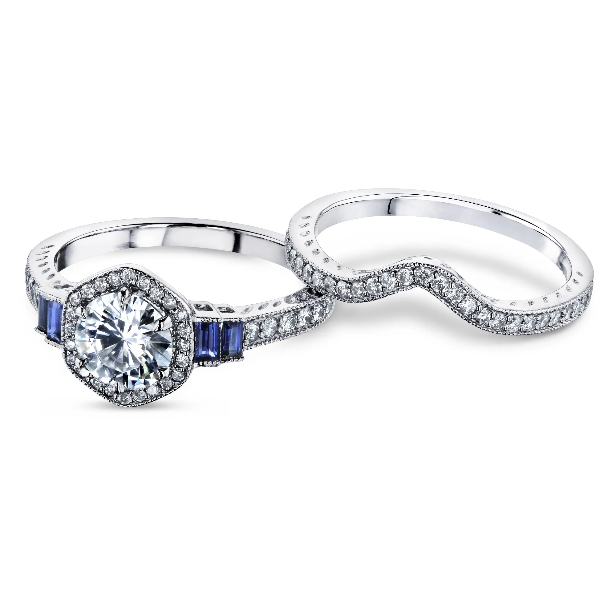 Hexagon Halo Blue and White Bridal Set 14k Gold (1 3/4 CTW)