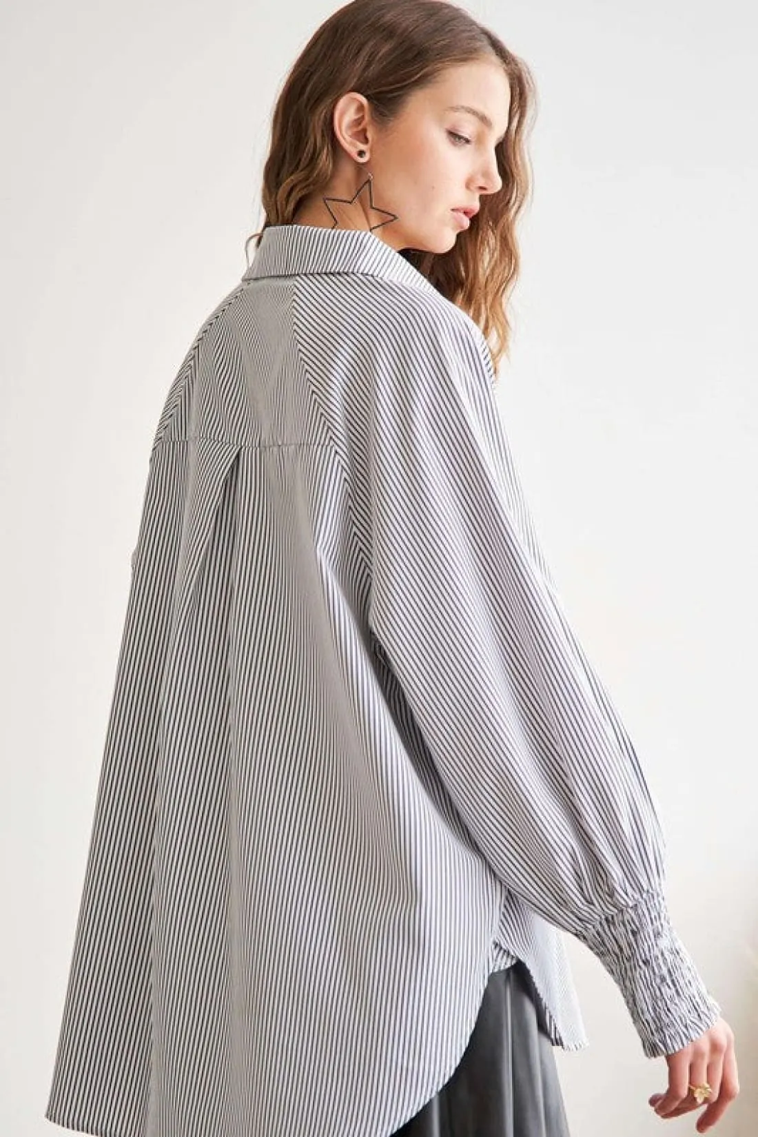 High-Low Striped Smocked Lantern Sleeve Shirt - Grey