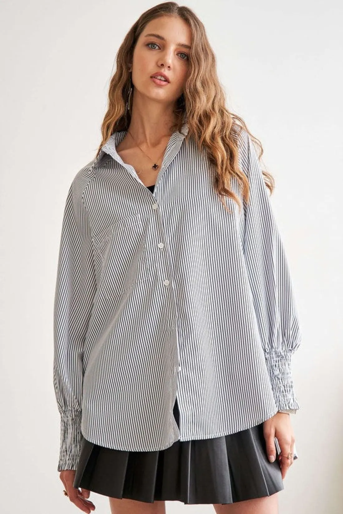 High-Low Striped Smocked Lantern Sleeve Shirt - Grey