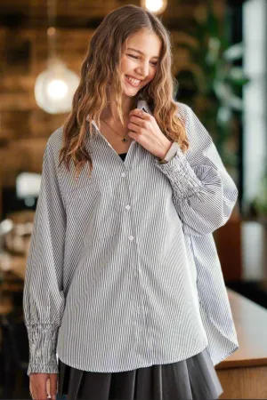 High-Low Striped Smocked Lantern Sleeve Shirt - Grey