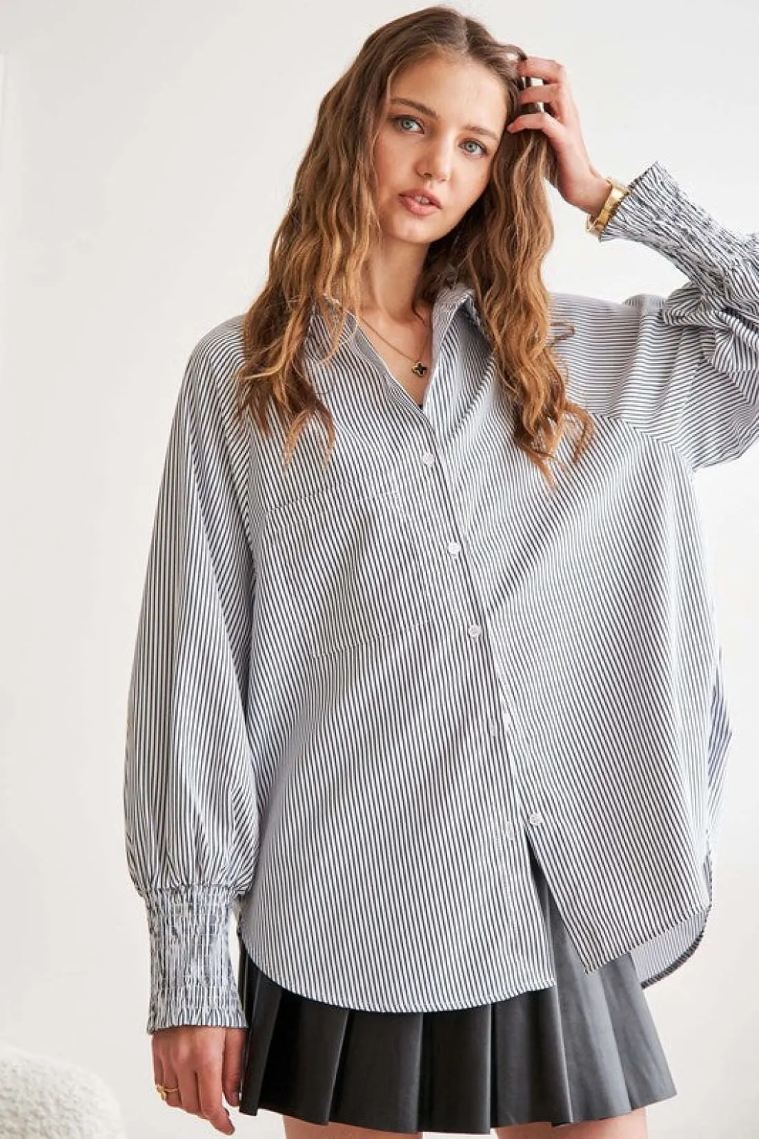 High-Low Striped Smocked Lantern Sleeve Shirt - Grey