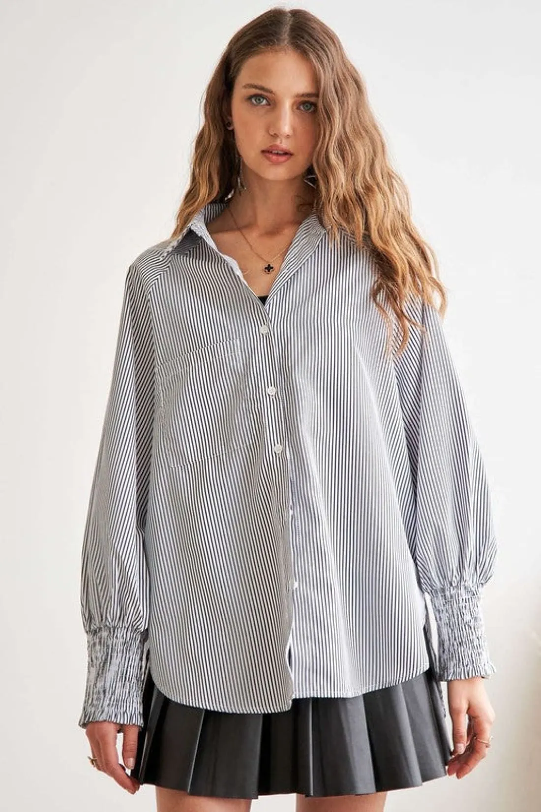 High-Low Striped Smocked Lantern Sleeve Shirt - Grey