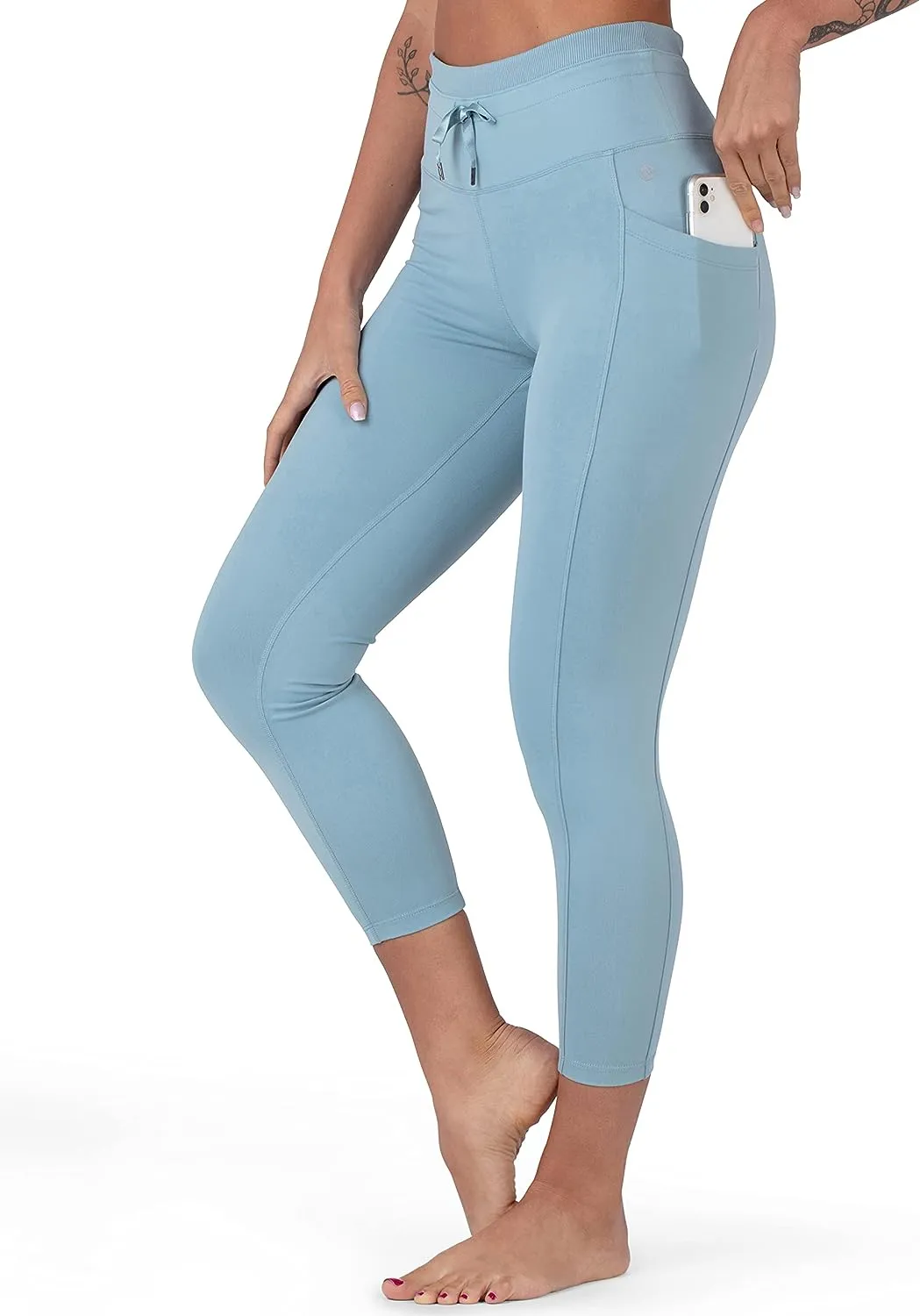 High Waist Aqua Blue Drawstring Yoga Leggings w/Pockets