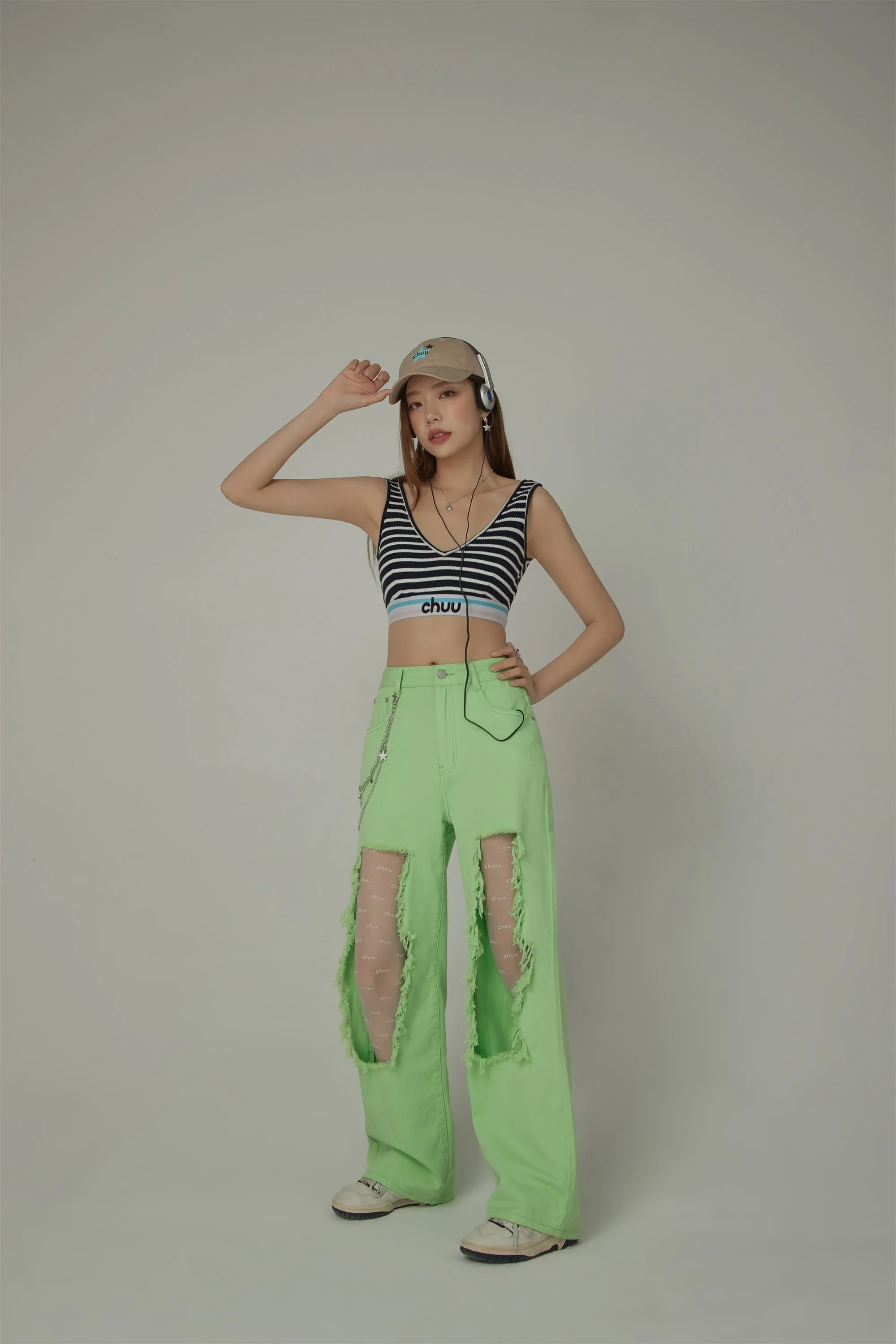 High Waist Distressed Ripped Open Wide-Leg Pants