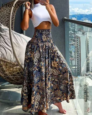 High waist printed wide leg pants