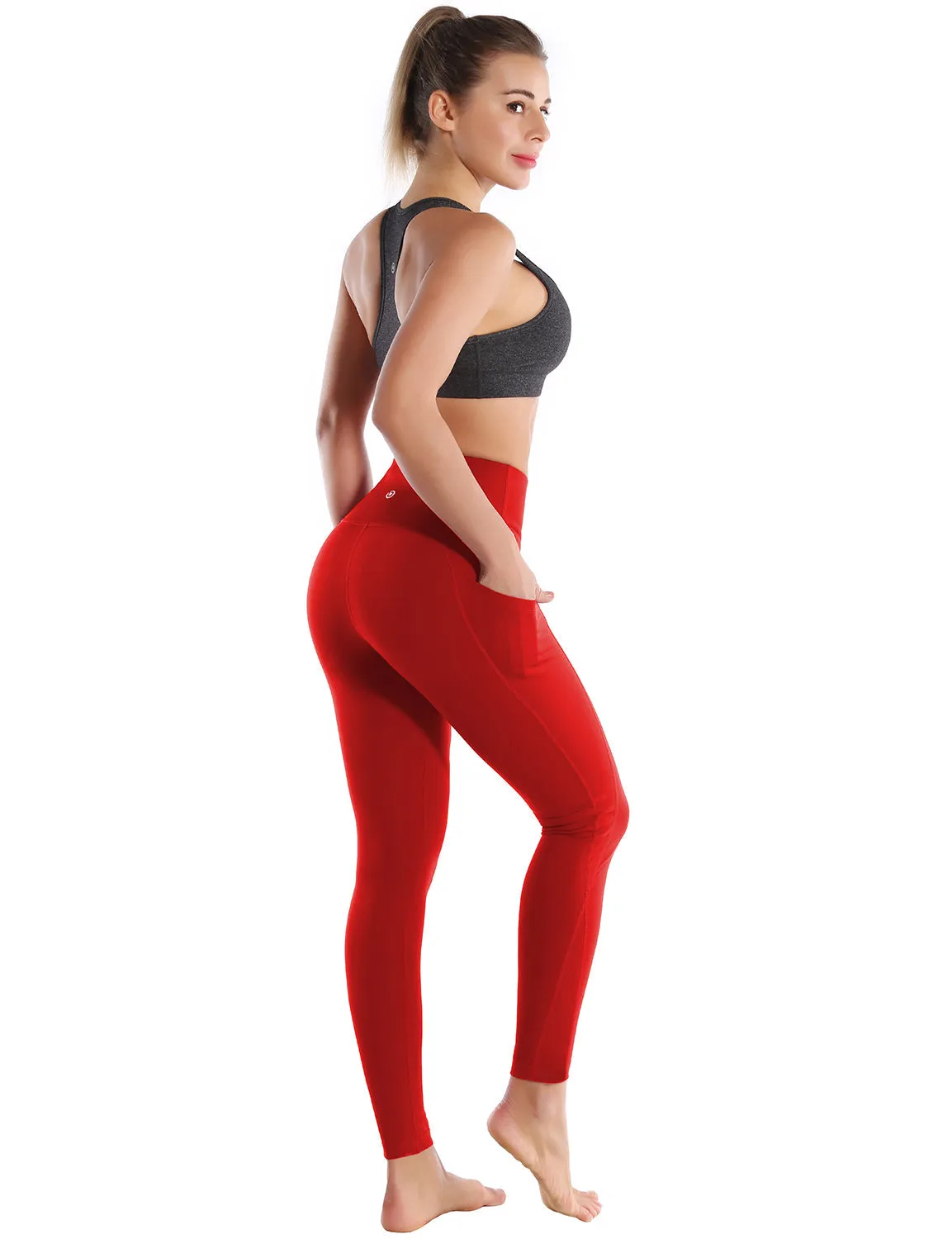 High Waist Side Pockets Biking Pants scarlet_Biking