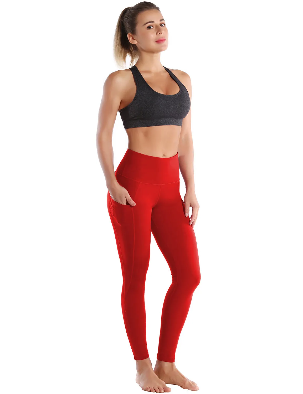 High Waist Side Pockets Biking Pants scarlet_Biking