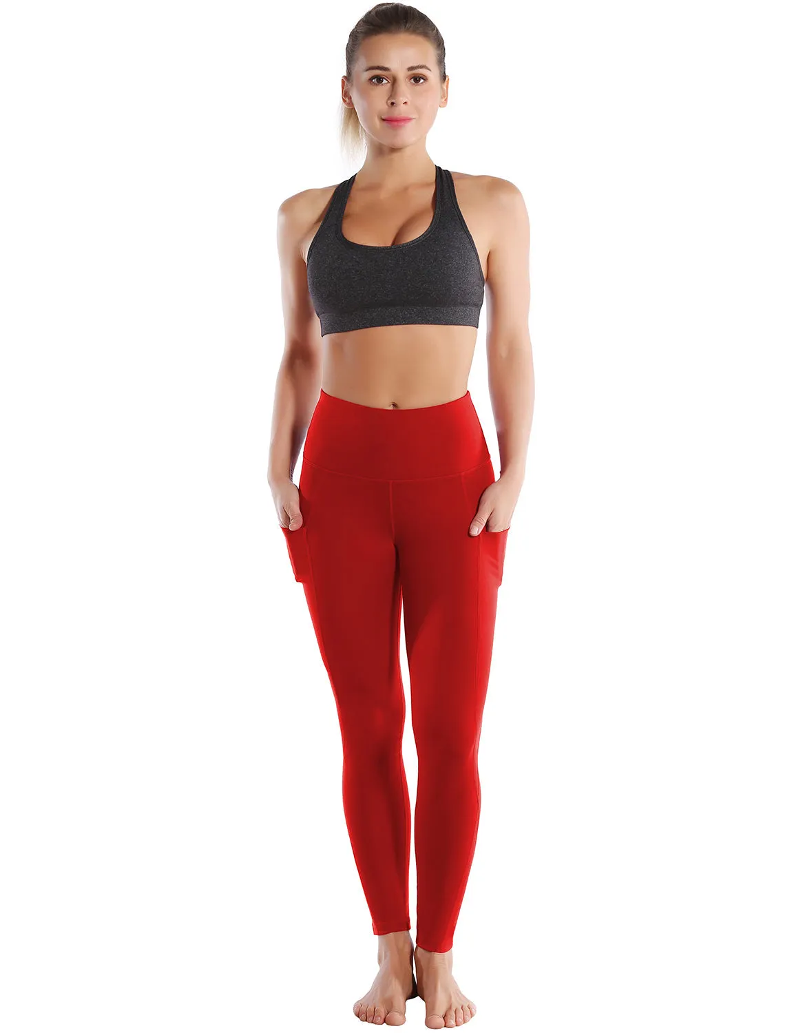 High Waist Side Pockets Biking Pants scarlet_Biking