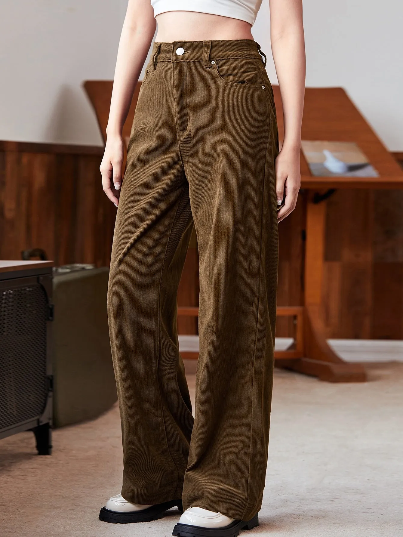 High Waist Slant Pocket Cord Pants