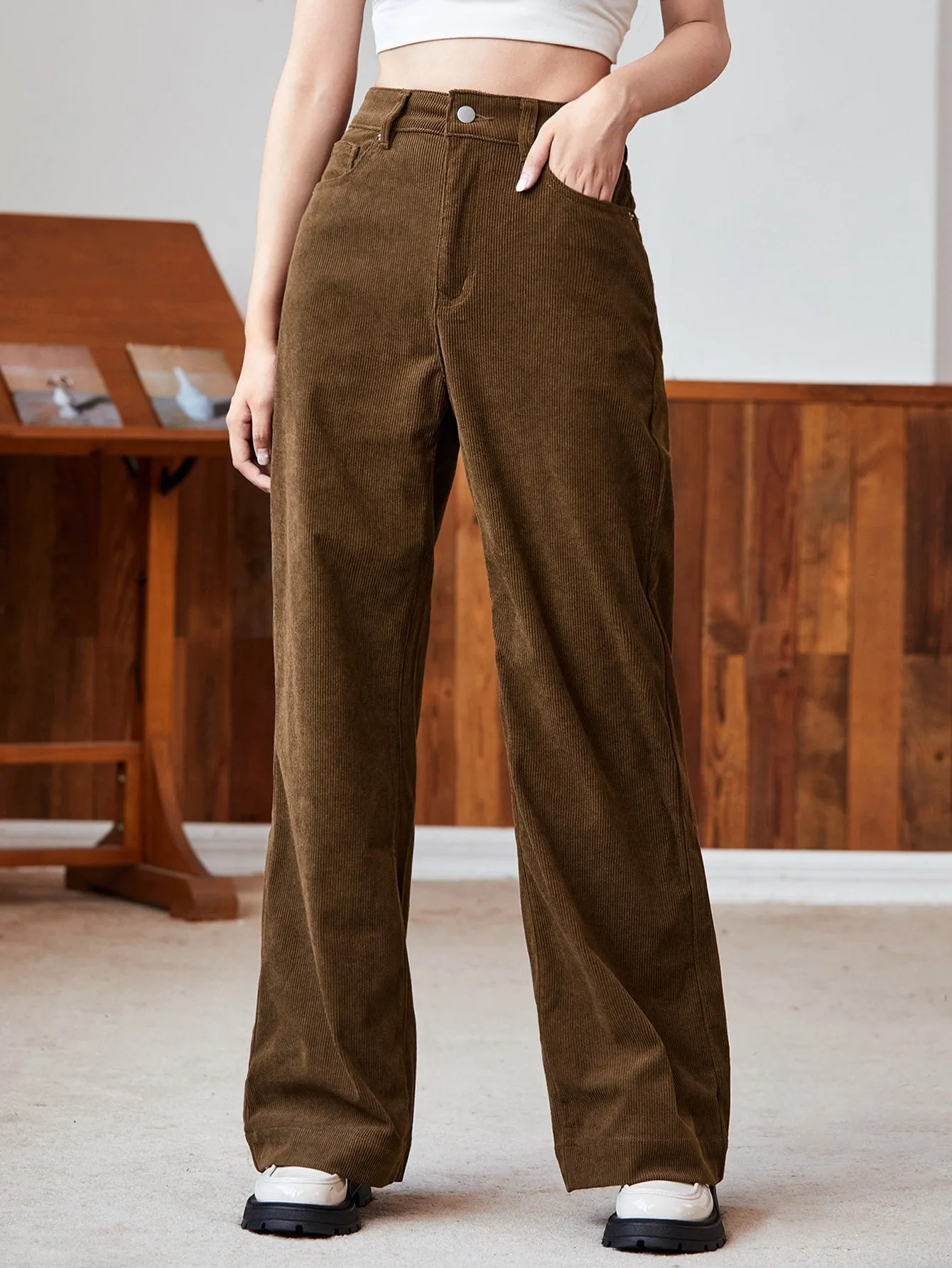 High Waist Slant Pocket Cord Pants