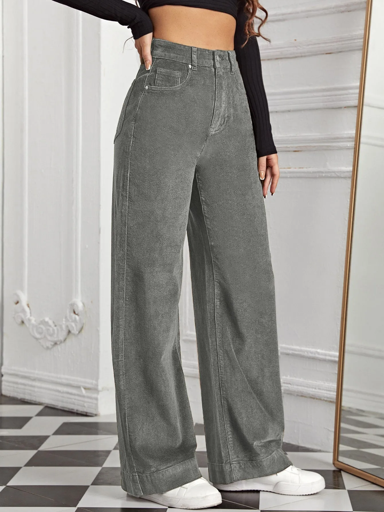 High Waist Slant Pocket Cord Pants