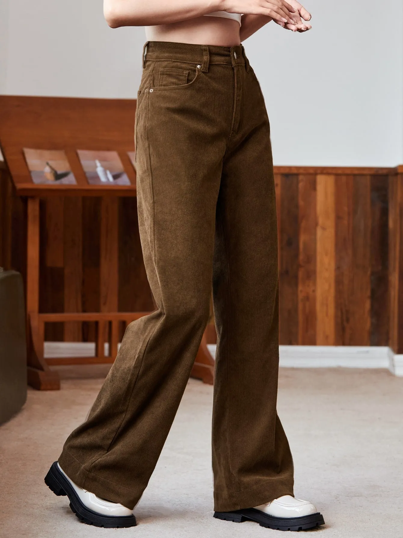 High Waist Slant Pocket Cord Pants