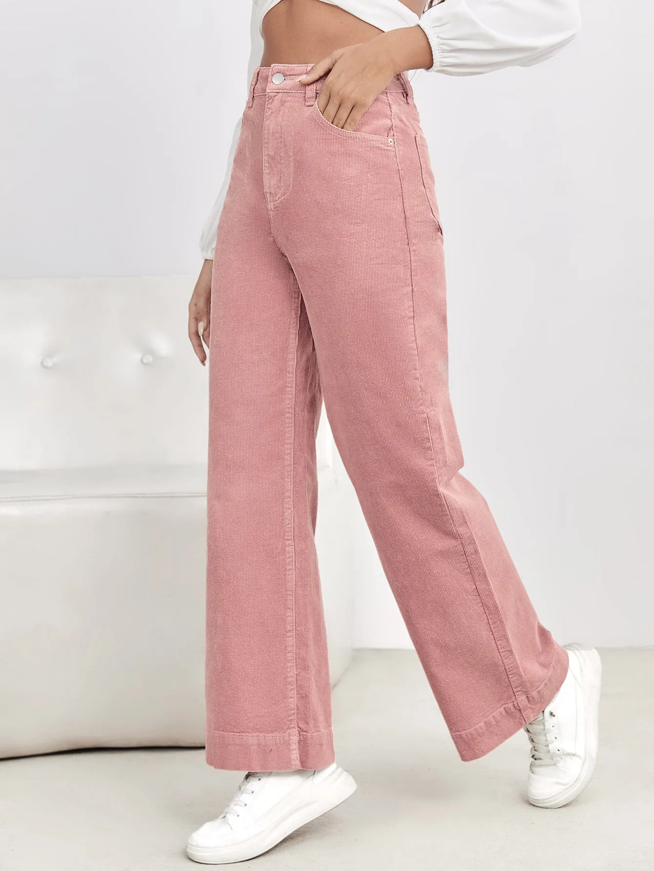 High Waist Slant Pocket Cord Pants