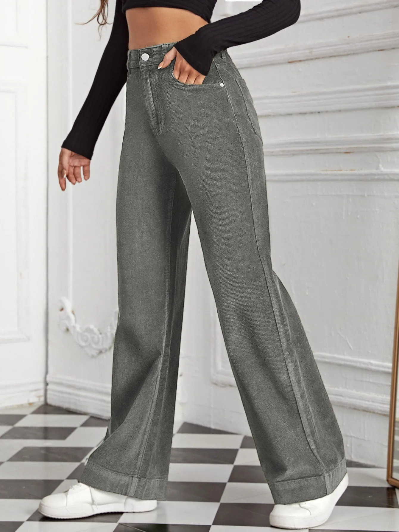 High Waist Slant Pocket Cord Pants
