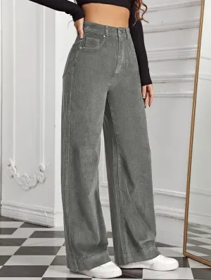 High Waist Slant Pocket Cord Pants
