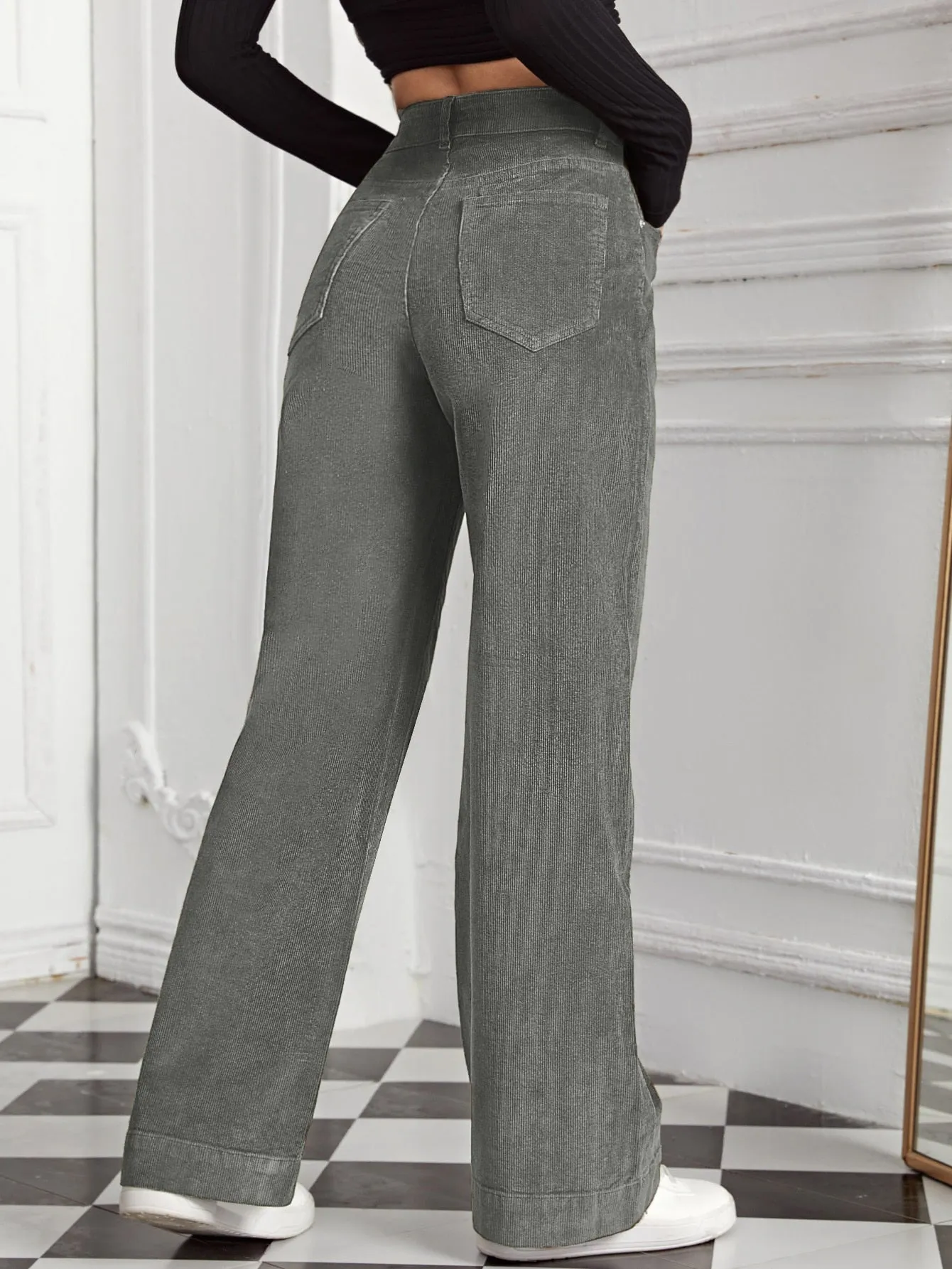 High Waist Slant Pocket Cord Pants