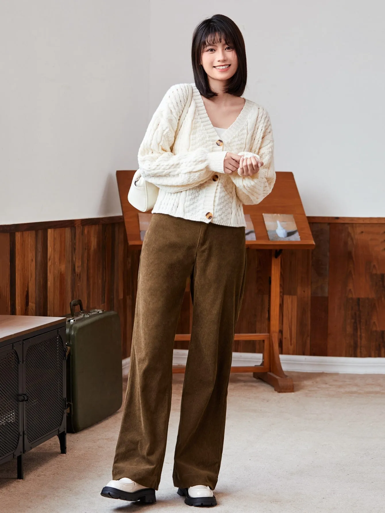 High Waist Slant Pocket Cord Pants
