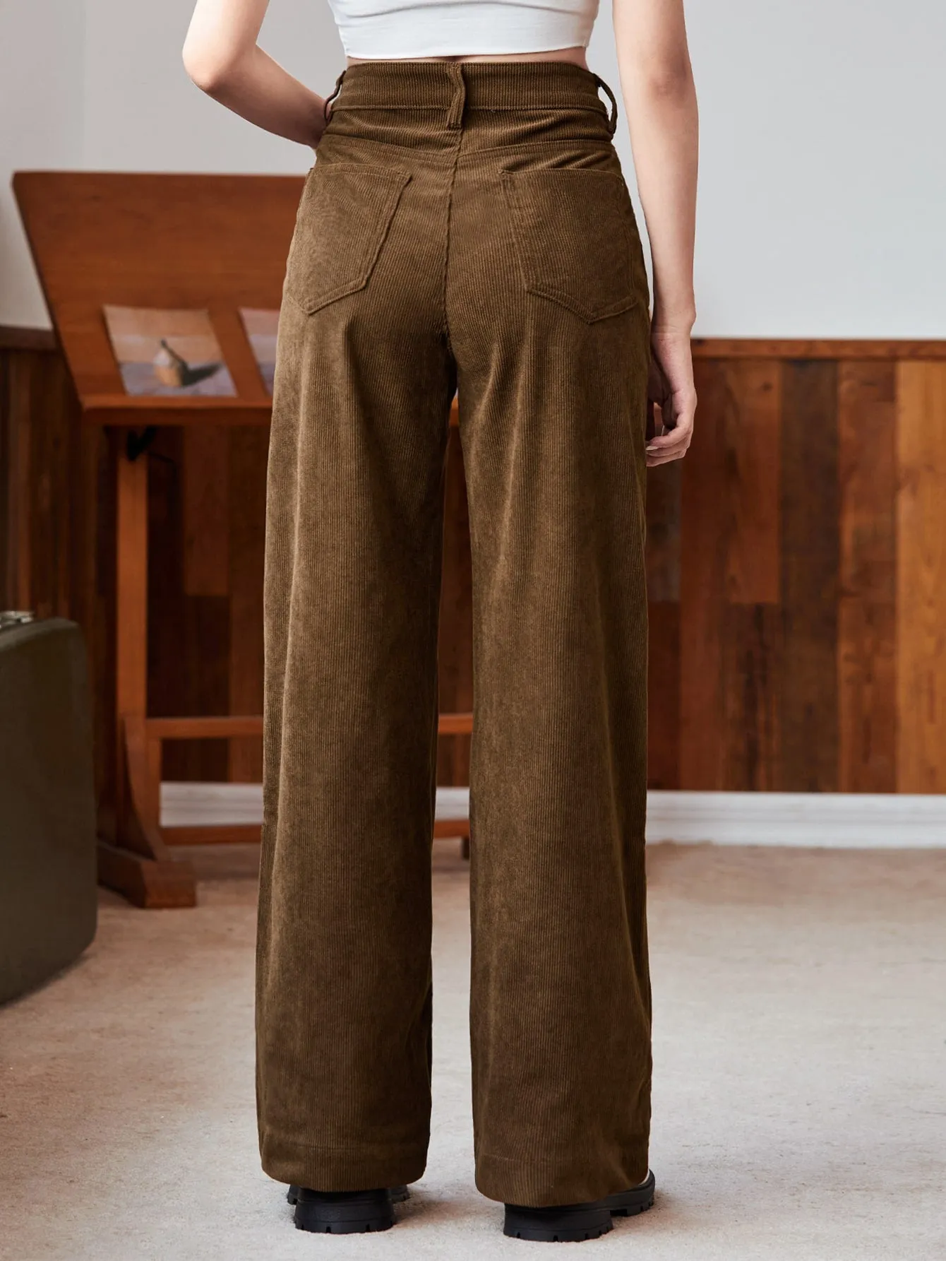 High Waist Slant Pocket Cord Pants