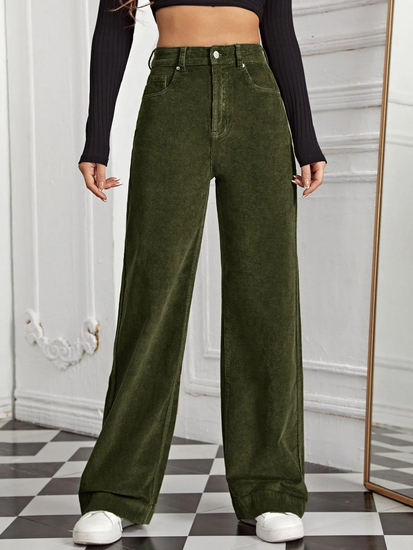 High Waist Slant Pocket Cord Pants