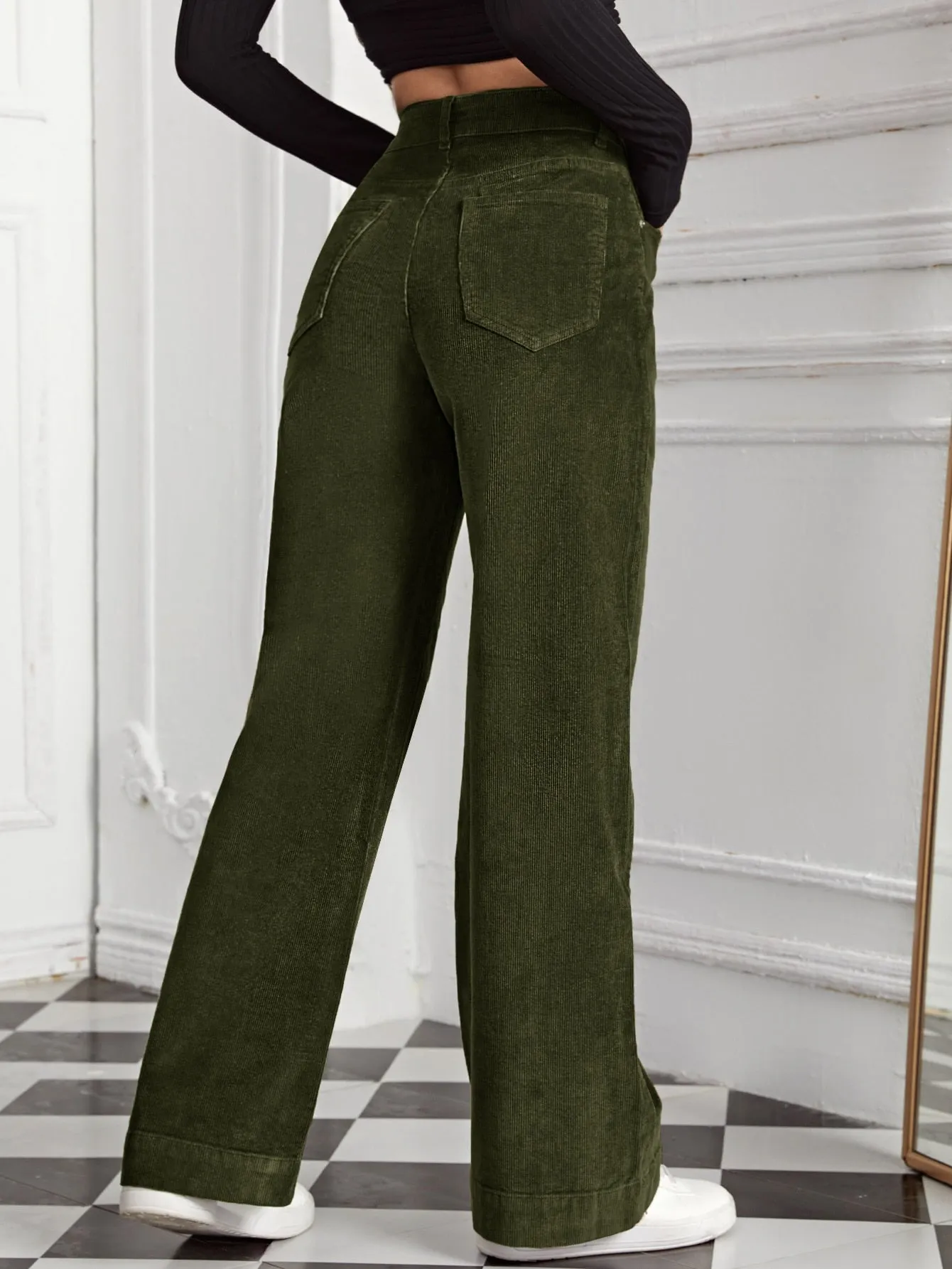 High Waist Slant Pocket Cord Pants